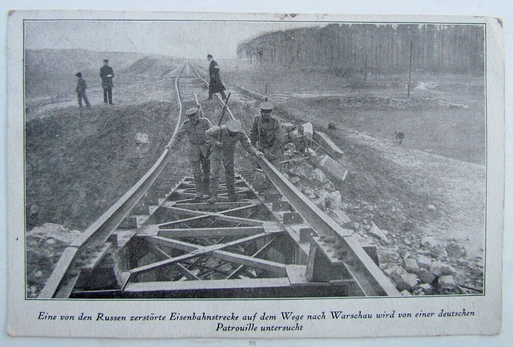 RAILROAD BRIDGE DESTROYED by RUSSIAN TROOPS ANTIQUE WWI GERMAN FELDPOST POSTCARD