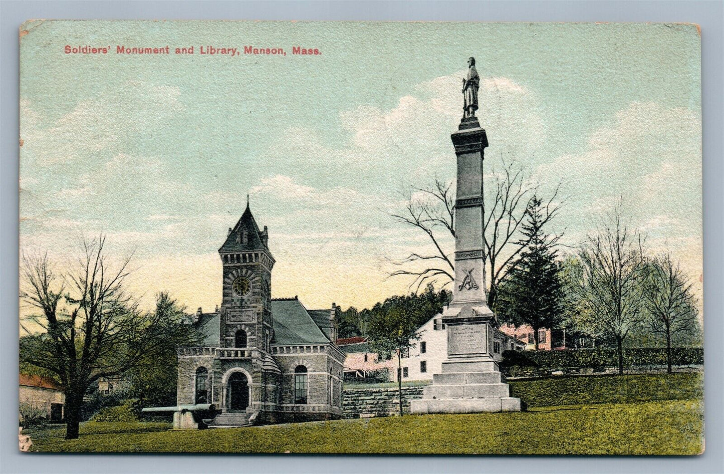 MANSON MA SOLDIER'S MONUMENT & LIBRARY ANTIQUE POSTCARD