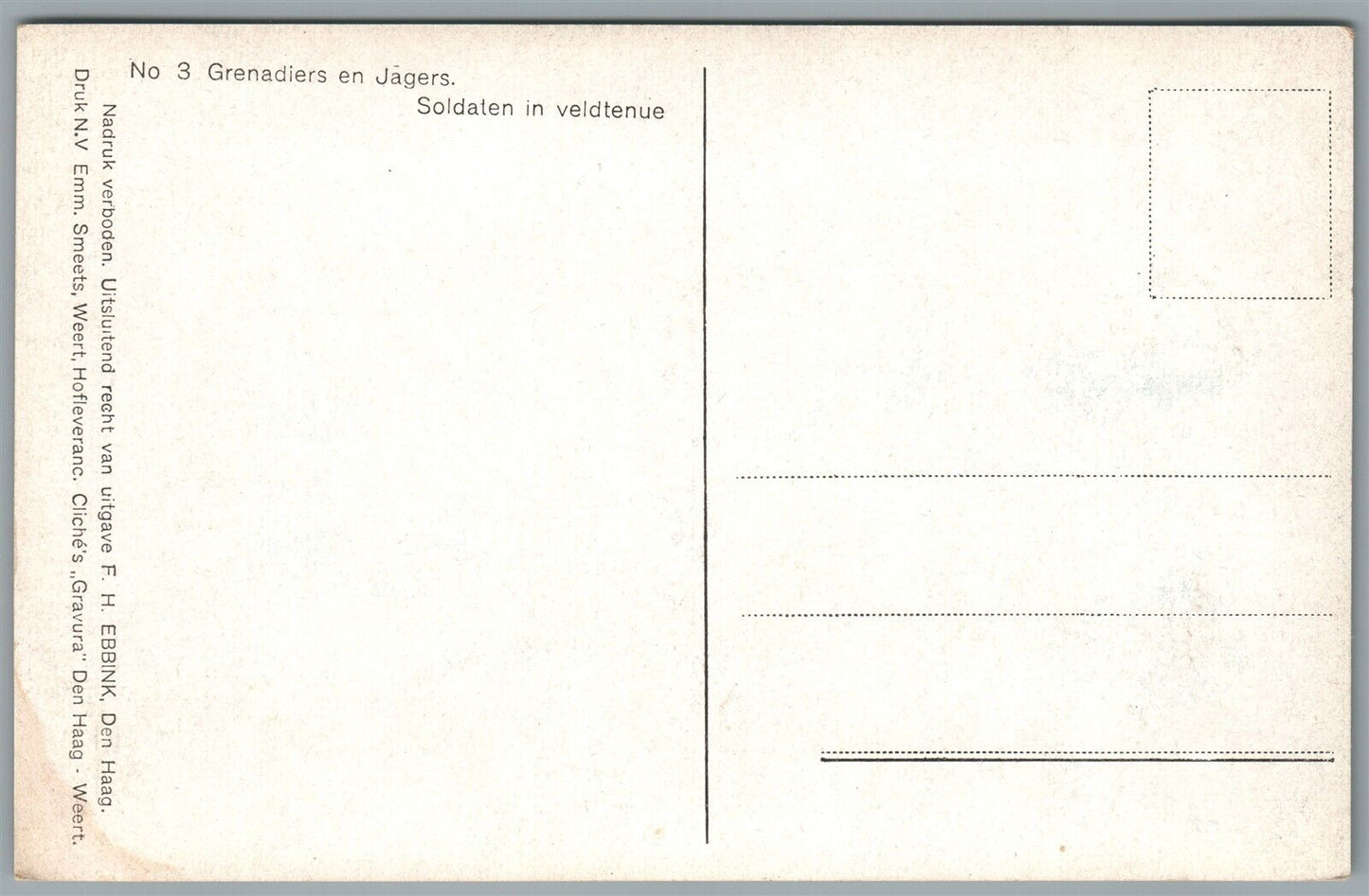 NETHERLANDS MILITARY ANTIQUE POSTCARD GRENADIERS EN JAGERS