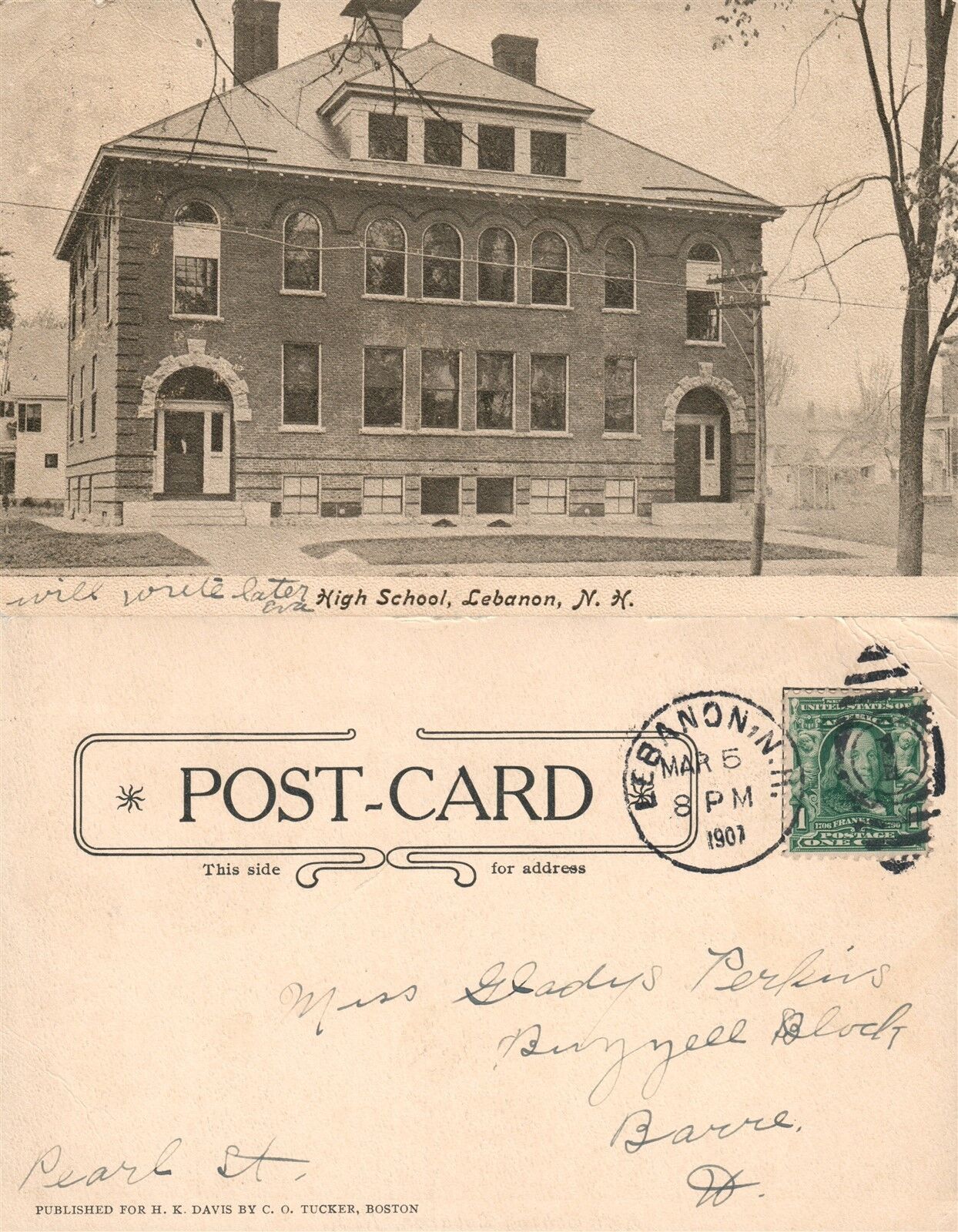 LEBANON N.H. HIGH SCHOOL UNDIVIDED 1907 ANTIQUE POSTCARD w/ CORK CANCEL