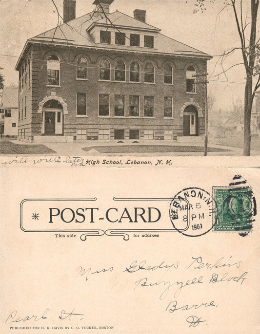 LEBANON N.H. HIGH SCHOOL UNDIVIDED 1907 ANTIQUE POSTCARD w/ CORK CANCEL