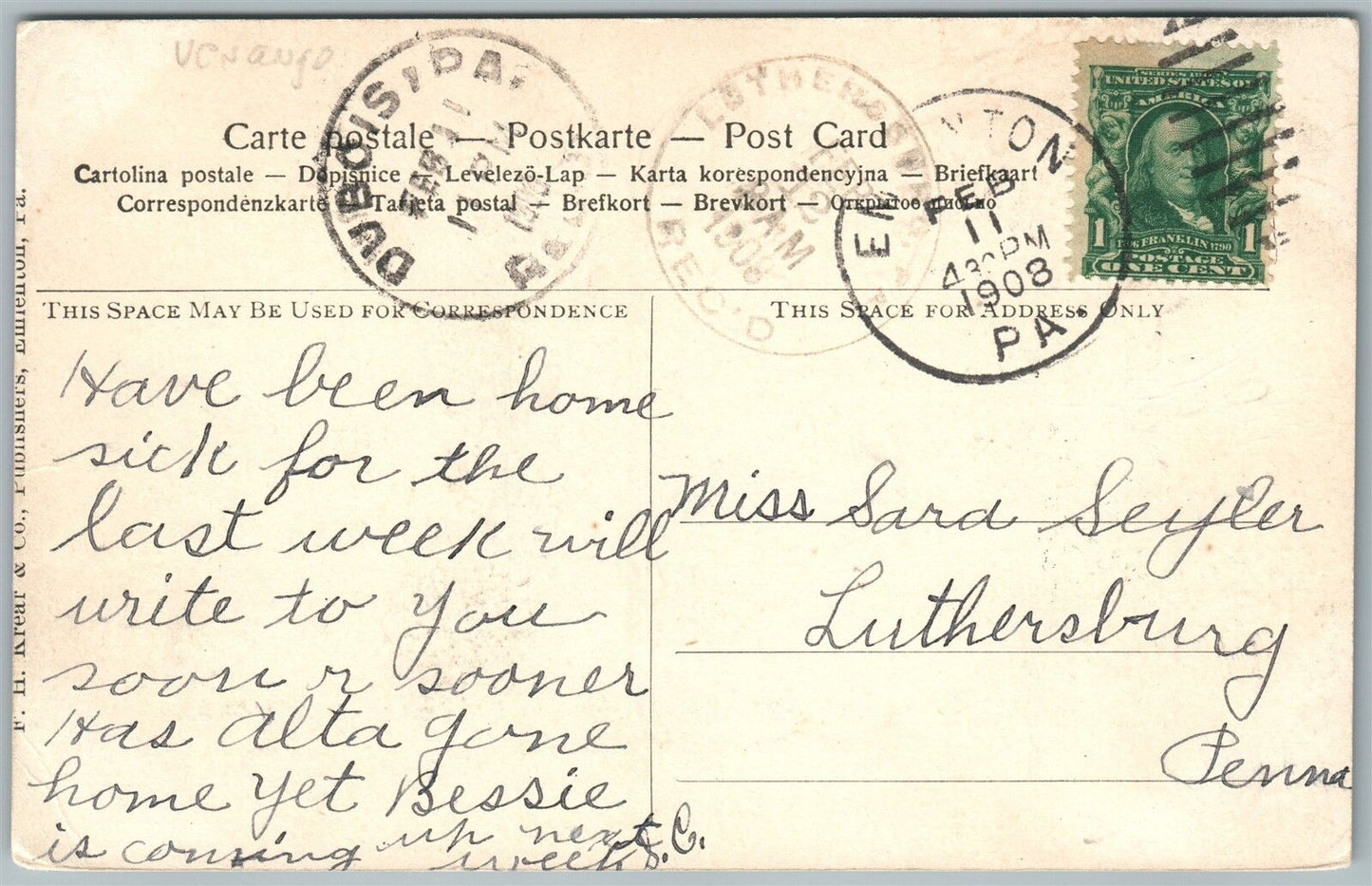 EMPLENTON PA MAIN STREET 1908 ANTIQUE POSTCARD