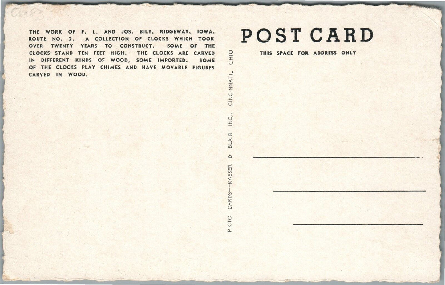 RIDGEWAY IA BILY BROTHERS CLOCKS VINTAGE POSTCARD