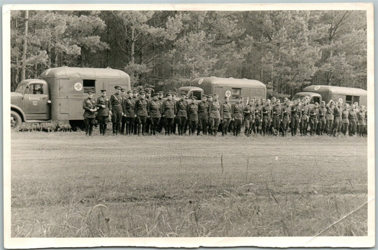 RUSSIAN WWII ERA MILITARY GROUP PHOTO w/ RED CROSS TRUCKS