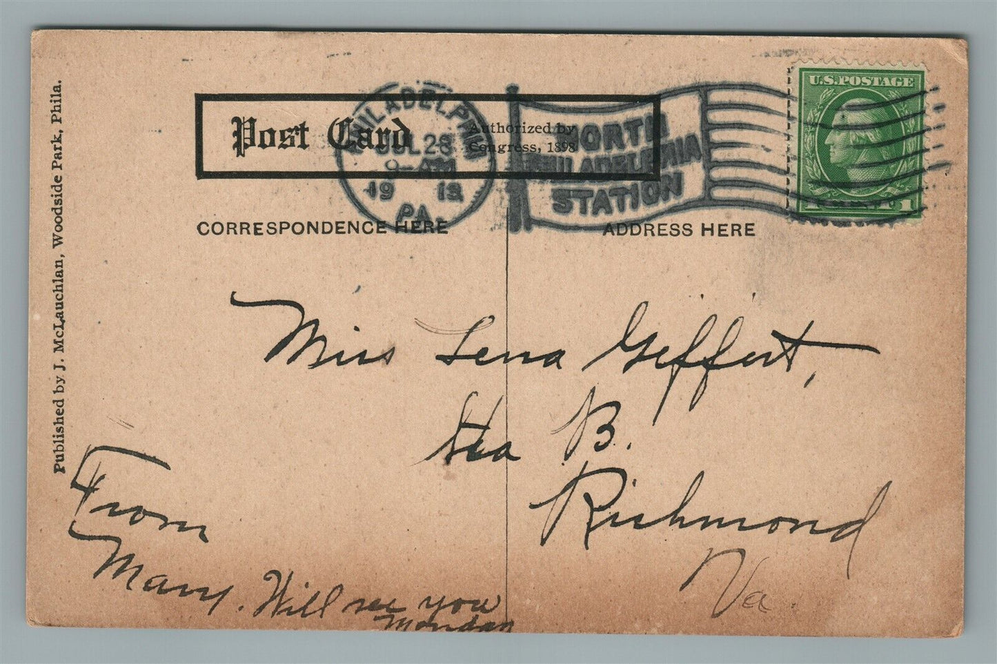 PHILADELPHIA PA WOODSIDE PARK 1913 ANTIQUE POSTCARD