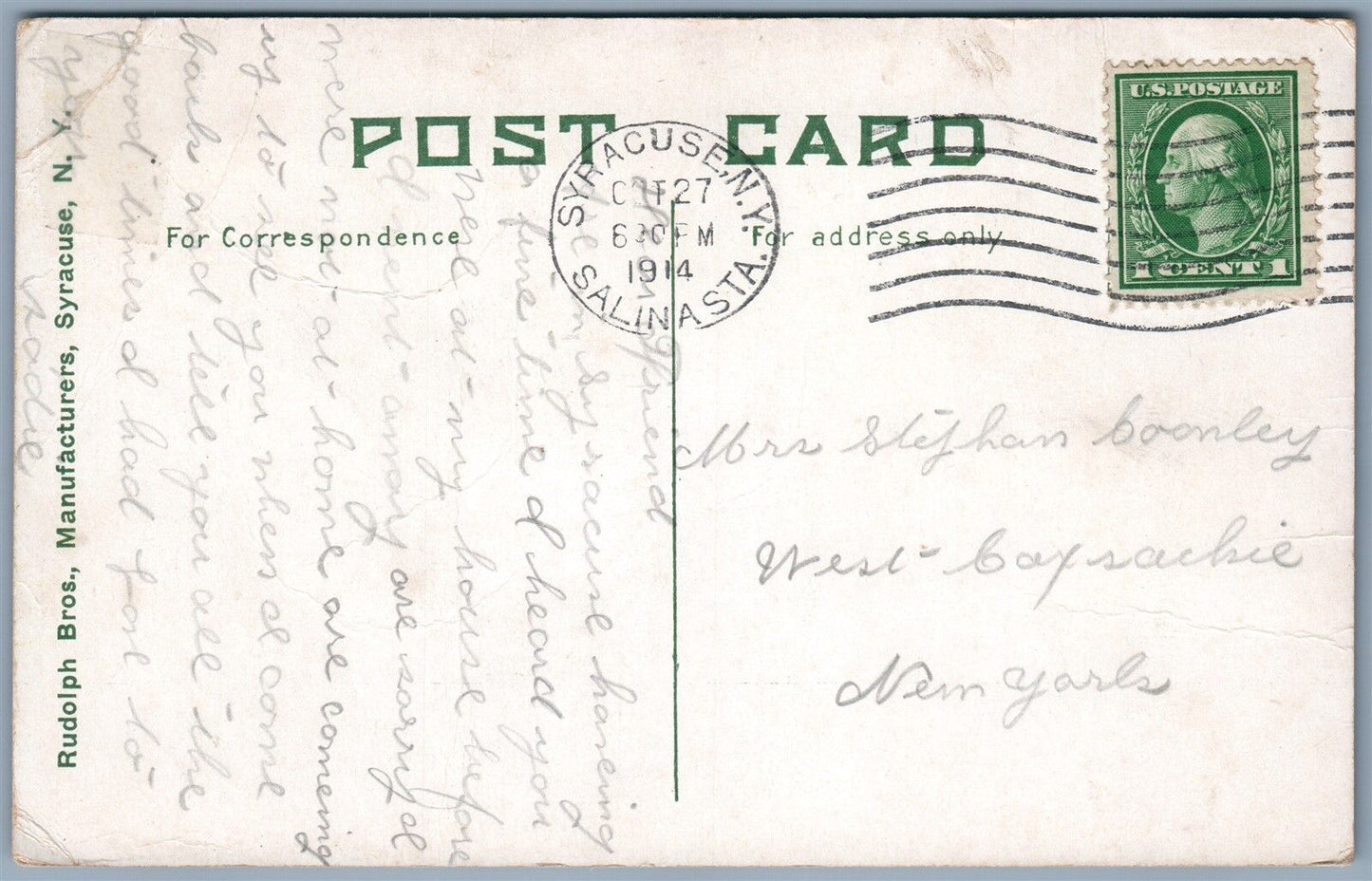 SYRACUSE NY JAMES ST. HILL 1914 ANTIQUE POSTCARD