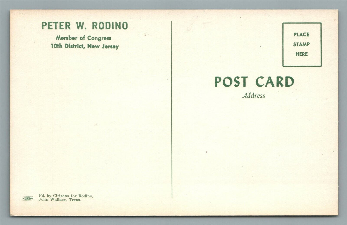 NEW JERSEY MEMBER OF CONGRESS PETER W. RODINO VINTAGE POLITICAL POSTCARD