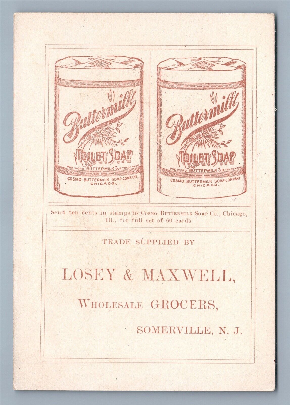 SOMERVILLE NJ CUTE KITTENS VICTORIAN TRADE CARD COSMO BUTTERMILK TOILET SOAP