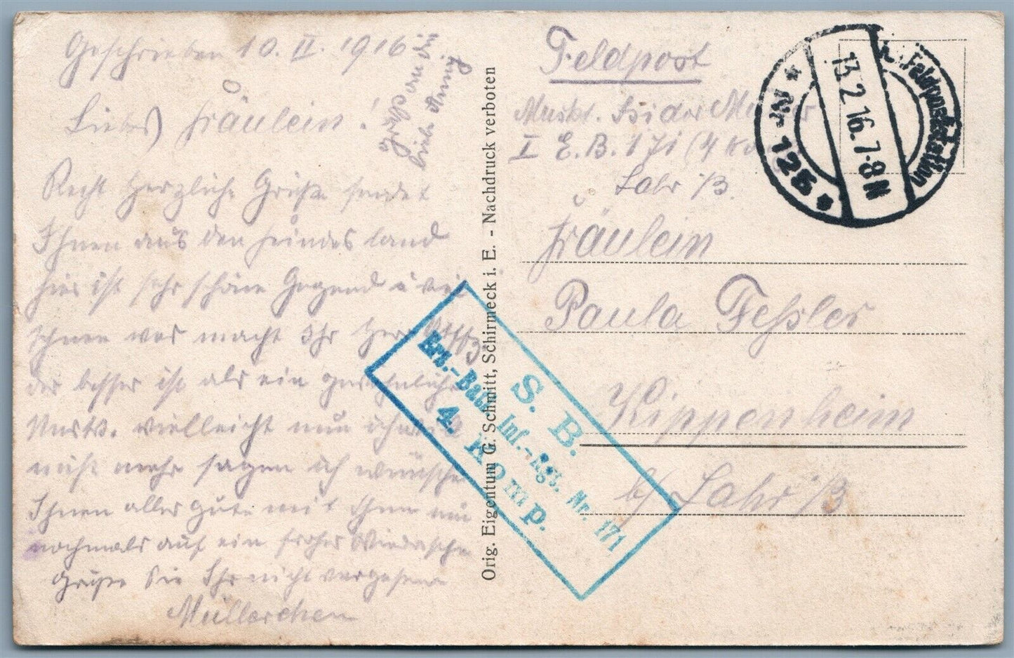 GERMAN WWI 1916 FELDPOSTKARTE ANTIQUE POSTCARD DONON TEMPEL FRANCE