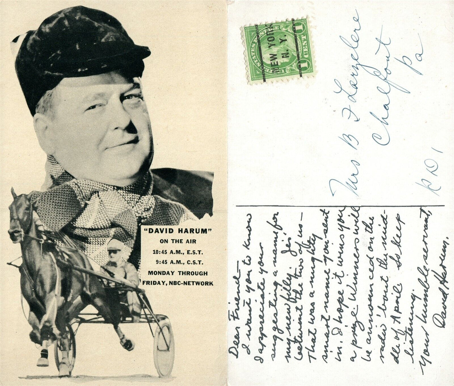 DAVID HARUM NBC NETWORK RADIO SOAP OPERA VINTAGE POSTCARD horse racing