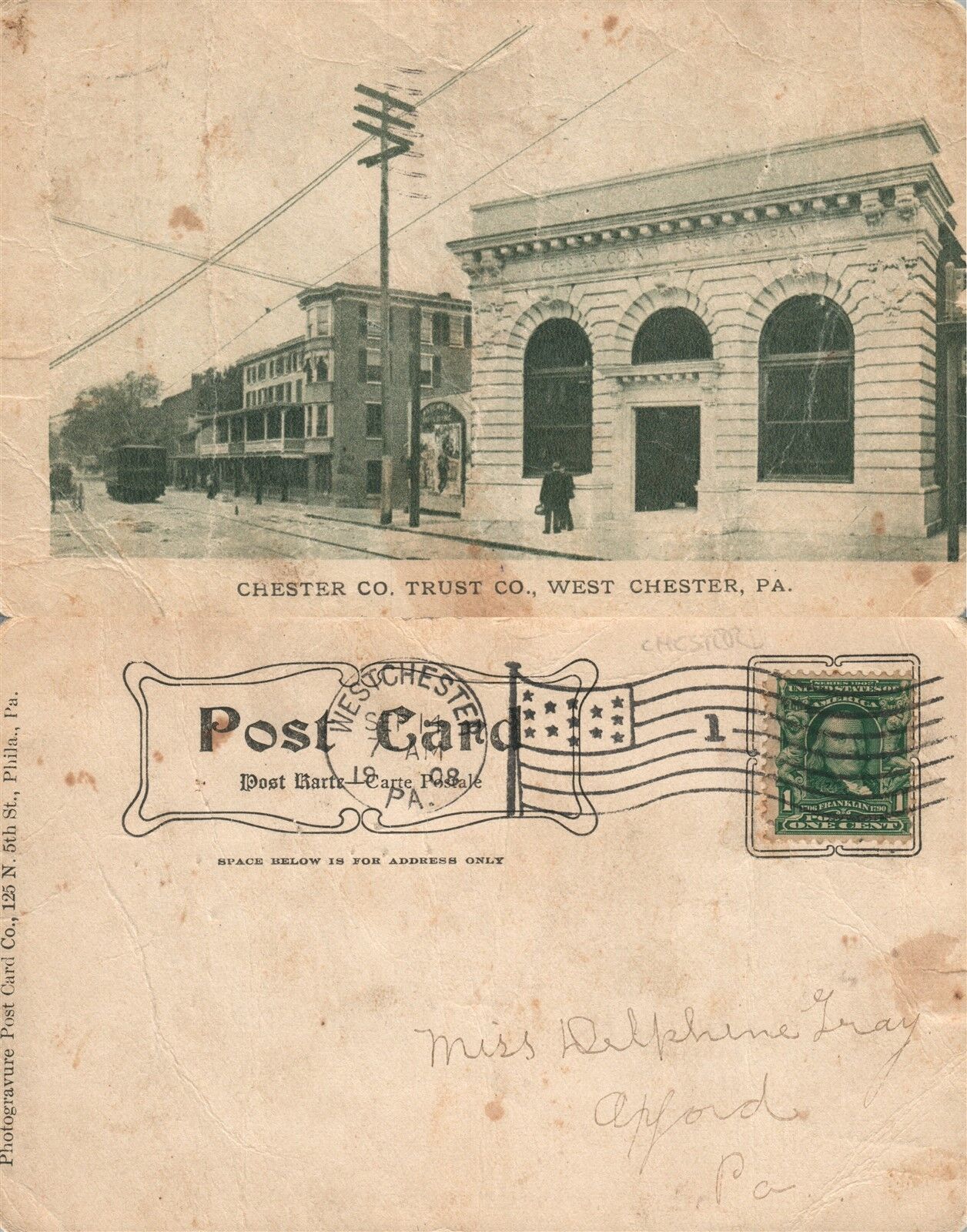 WEST CHESTER PA CHESTER CO. TRUST Co. 1908 UNDIVIDED ANTIQUE POSTCARD