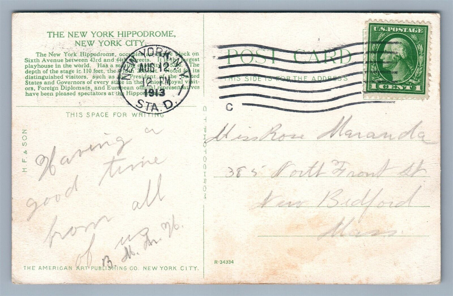 NEW YORK CITY HIPPODROME 1913 ANTIQUE POSTCARD