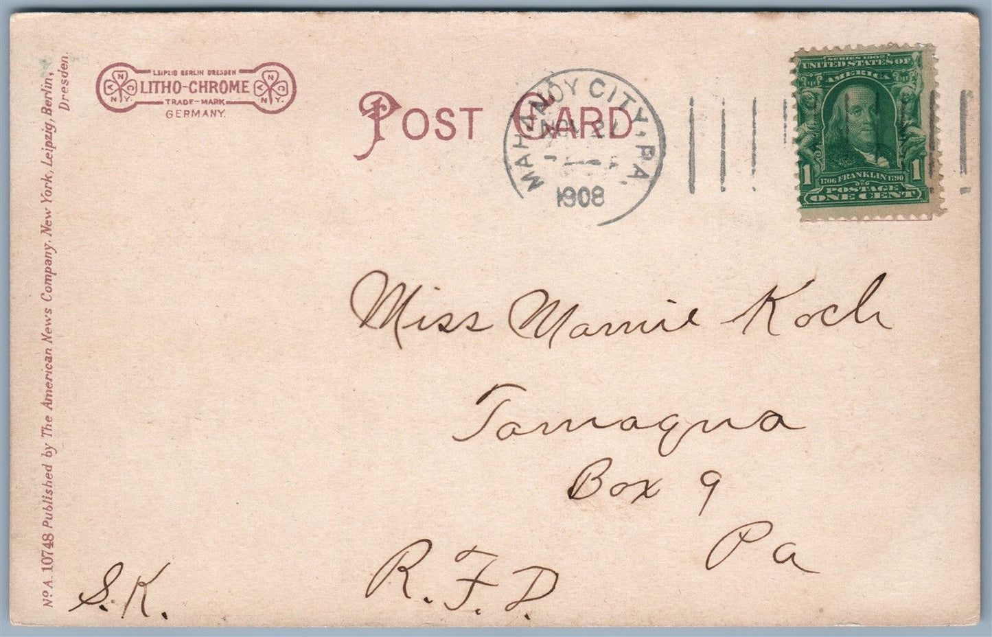 MAHANOY CITY PA CENTRE STREET UNDIVIDED ANTIQUE POSTCARD