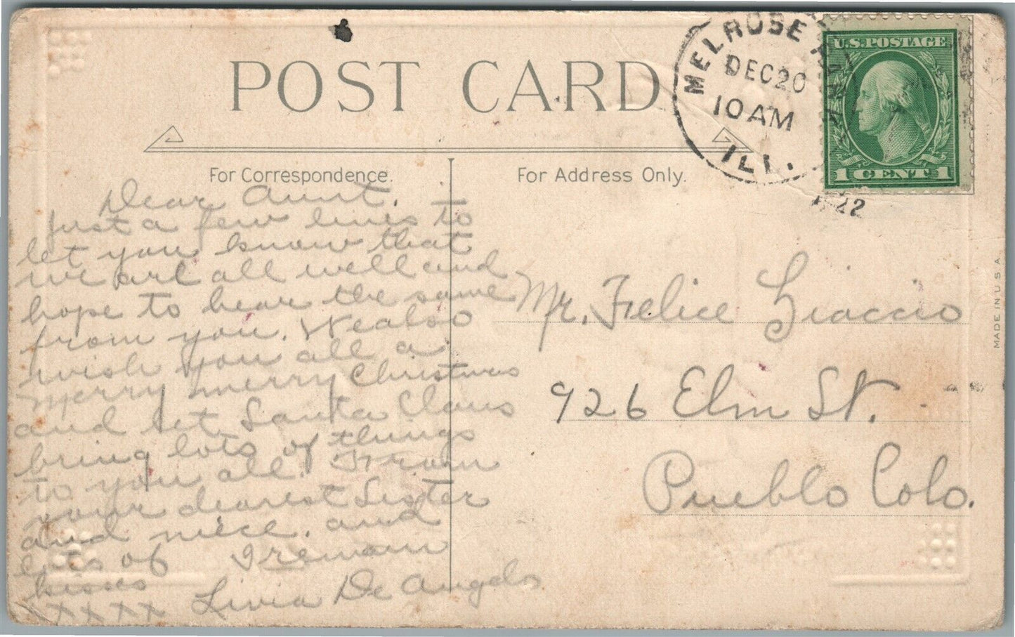 SANTA CHRISTMAS 1922 ANTIQUE POSTCARD