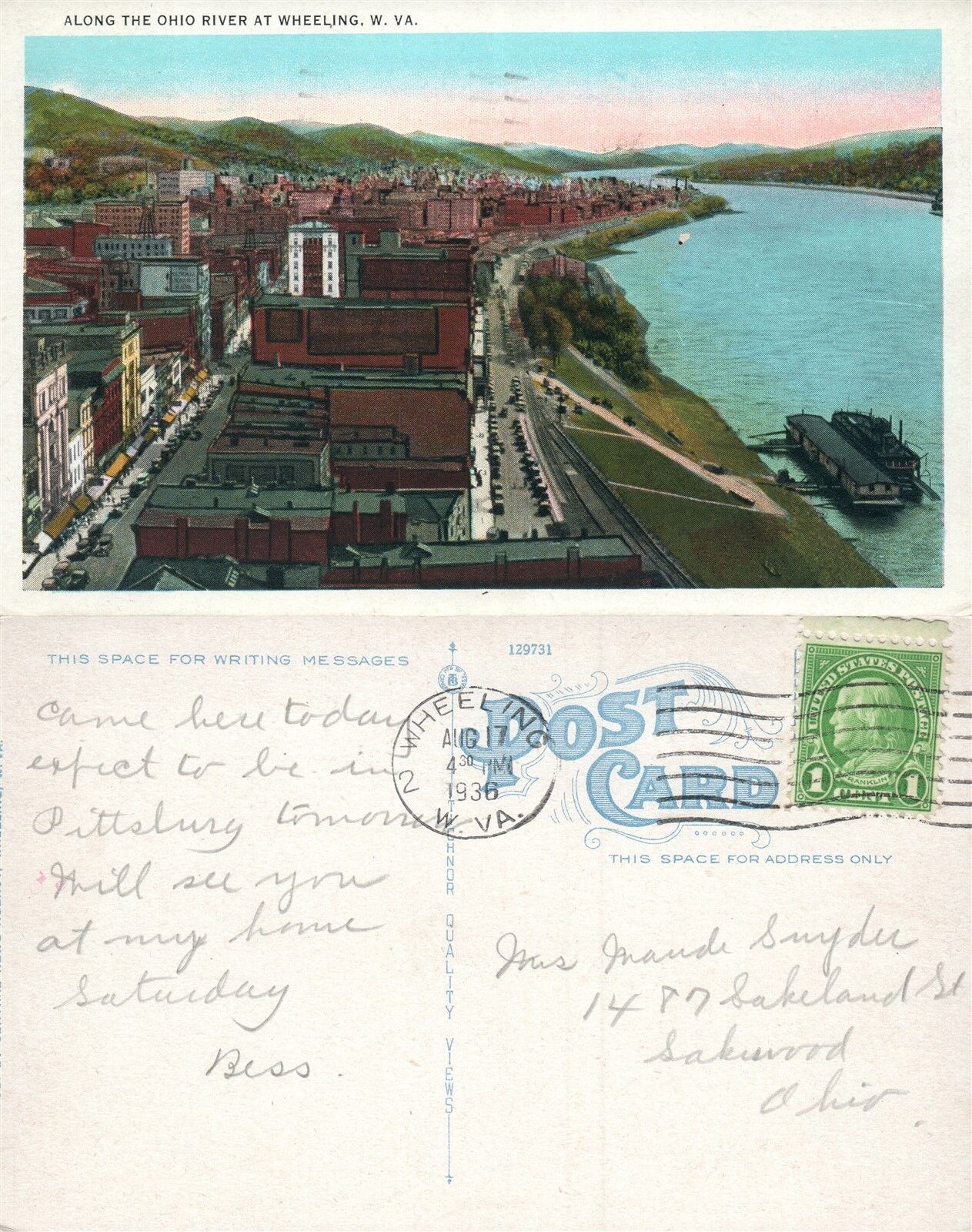 WHEELING W.VA ALONG OHIO RIVER 1936 VINTAGE POSTCARD