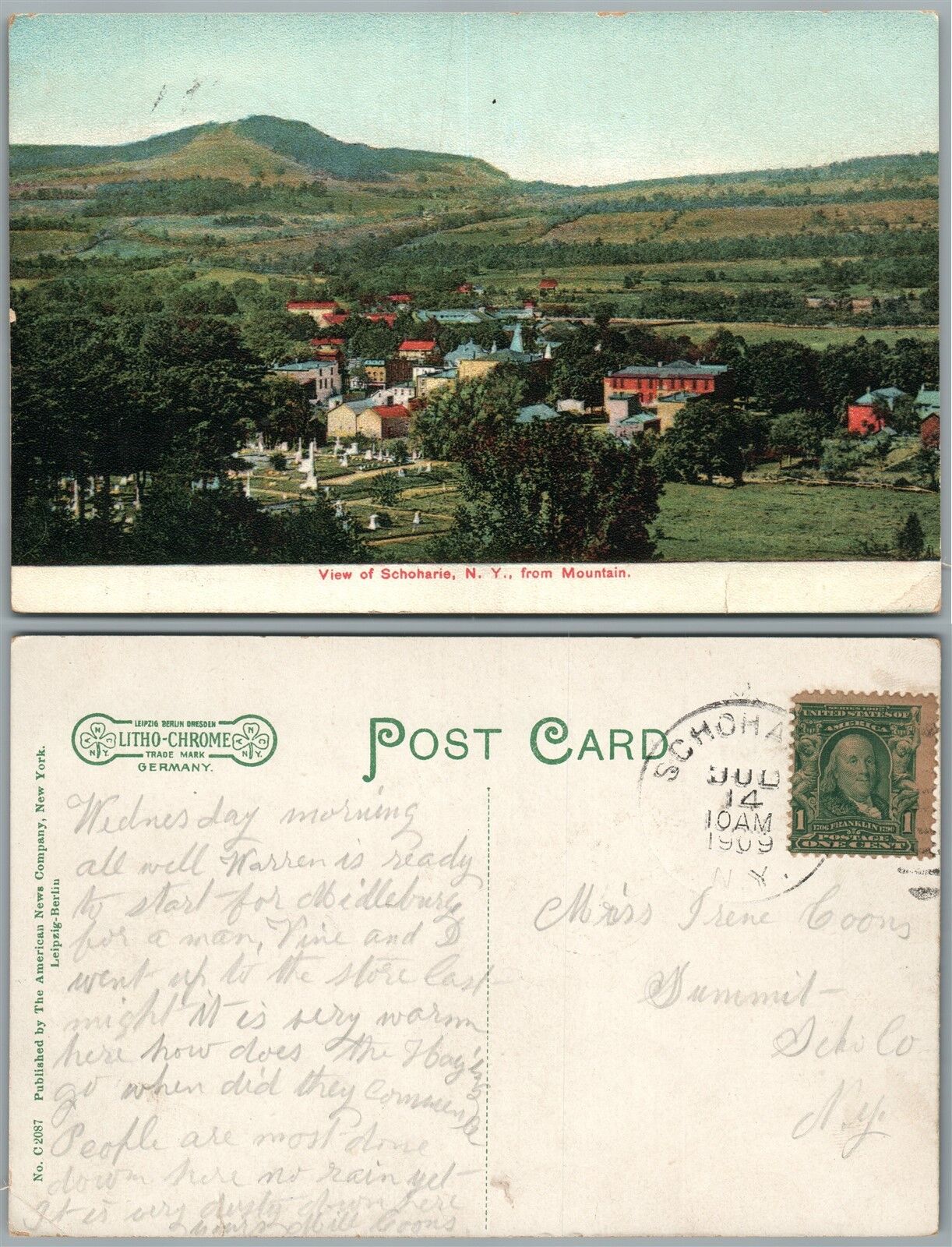 SCHOHARIE N.Y. 1909 ANTIQUE POSTCARD