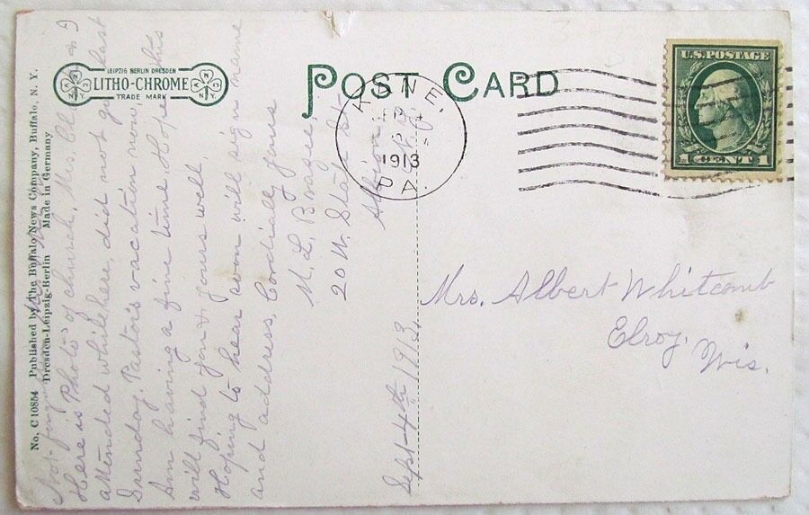 CONGREGATION CHURCH KANE PA 1913 ANTIQUE POSTCARD