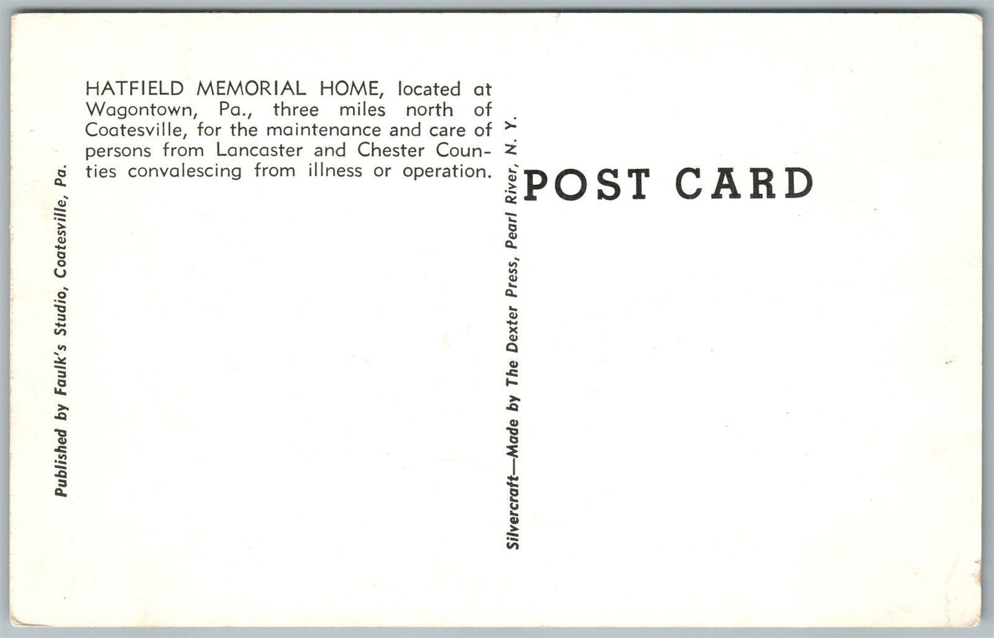 WAGONTOWN PA HATFIELD MEMORIAL HOME VINTAGE POSTCARD