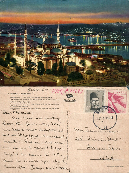SULEIMAN THE MAGNIFICENT MOSQUE ISTANBUL TURKEY ANTIQUE POSTCARD w/ STAMPS