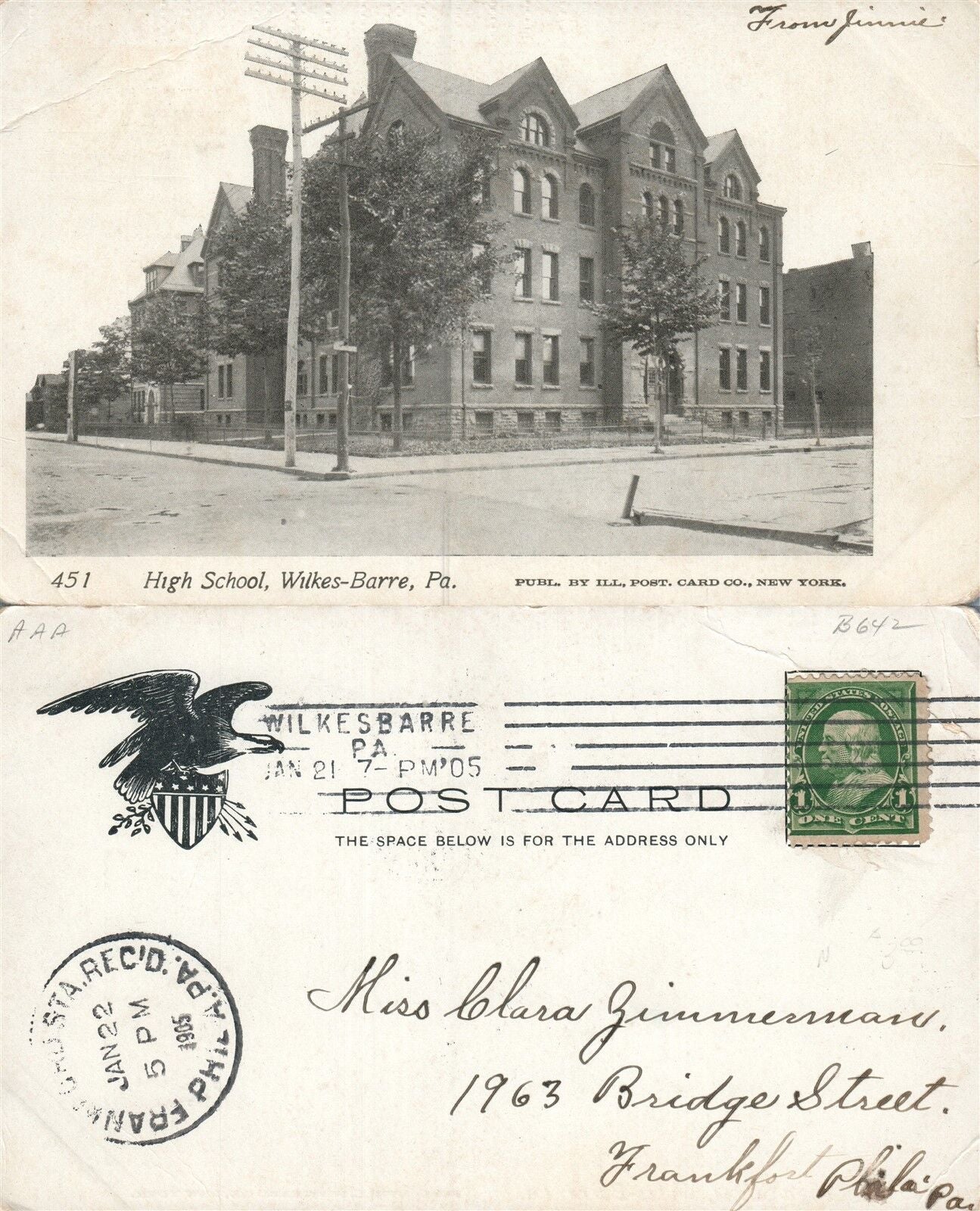 WILKES-BARRE PA HIGH SCHOOL 1905 UNDIVIDED ANTIQUE POSTCARD