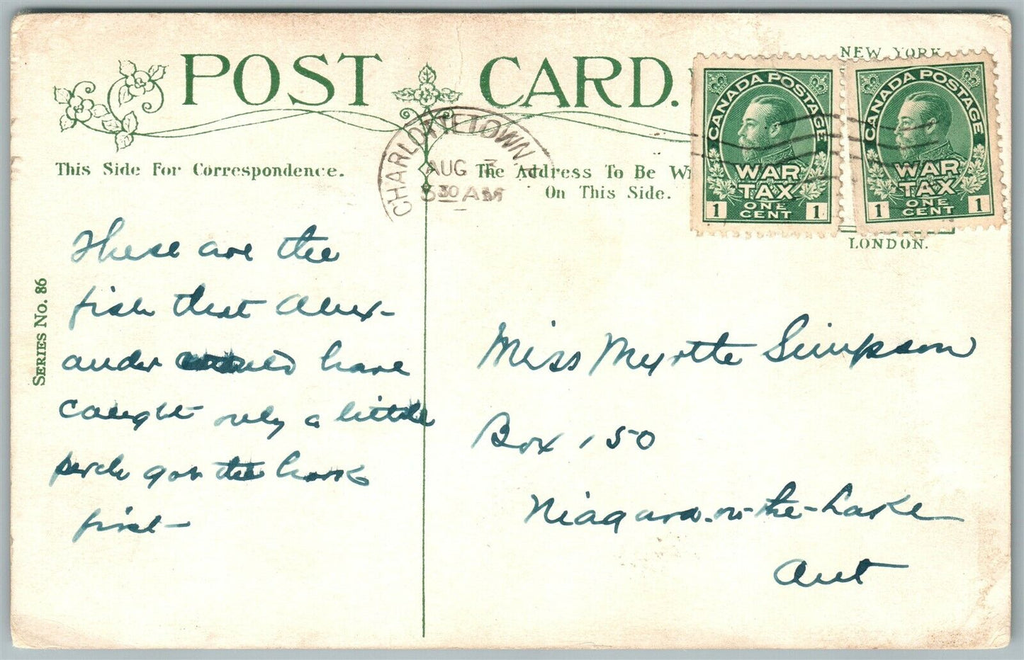 EXAGGERATED FISHING ANTIQUE POSTCARD CANADA POSTAGE WAR TAX STAMPS