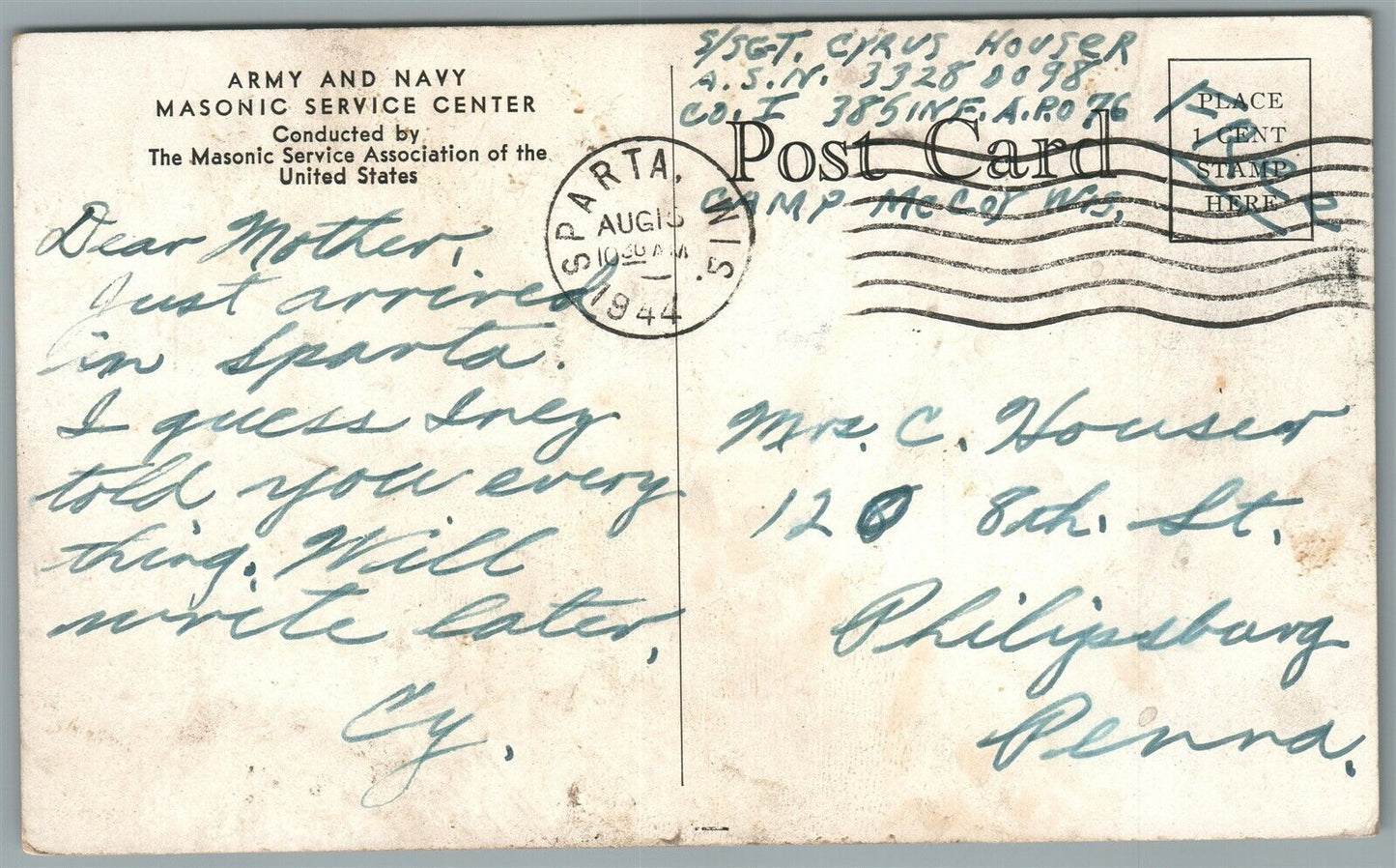 US ARMY & NAVY MASONIC SERVICE CENTER 1944 VINTAGE WWII POSTCARD