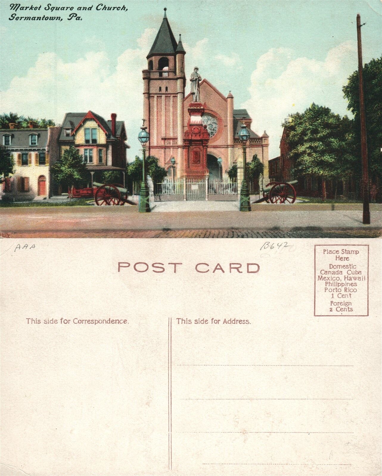 GERMANTOWN PA MARKET SQUARE & CHURCH ANTIQUE POSTCARD