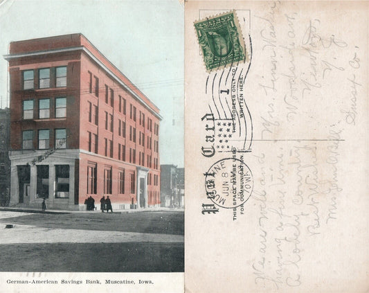 MUSCATINE IA GERMAN - AMERICAN SAVINGS BANK 1908 ANTIQUE POSTCARD
