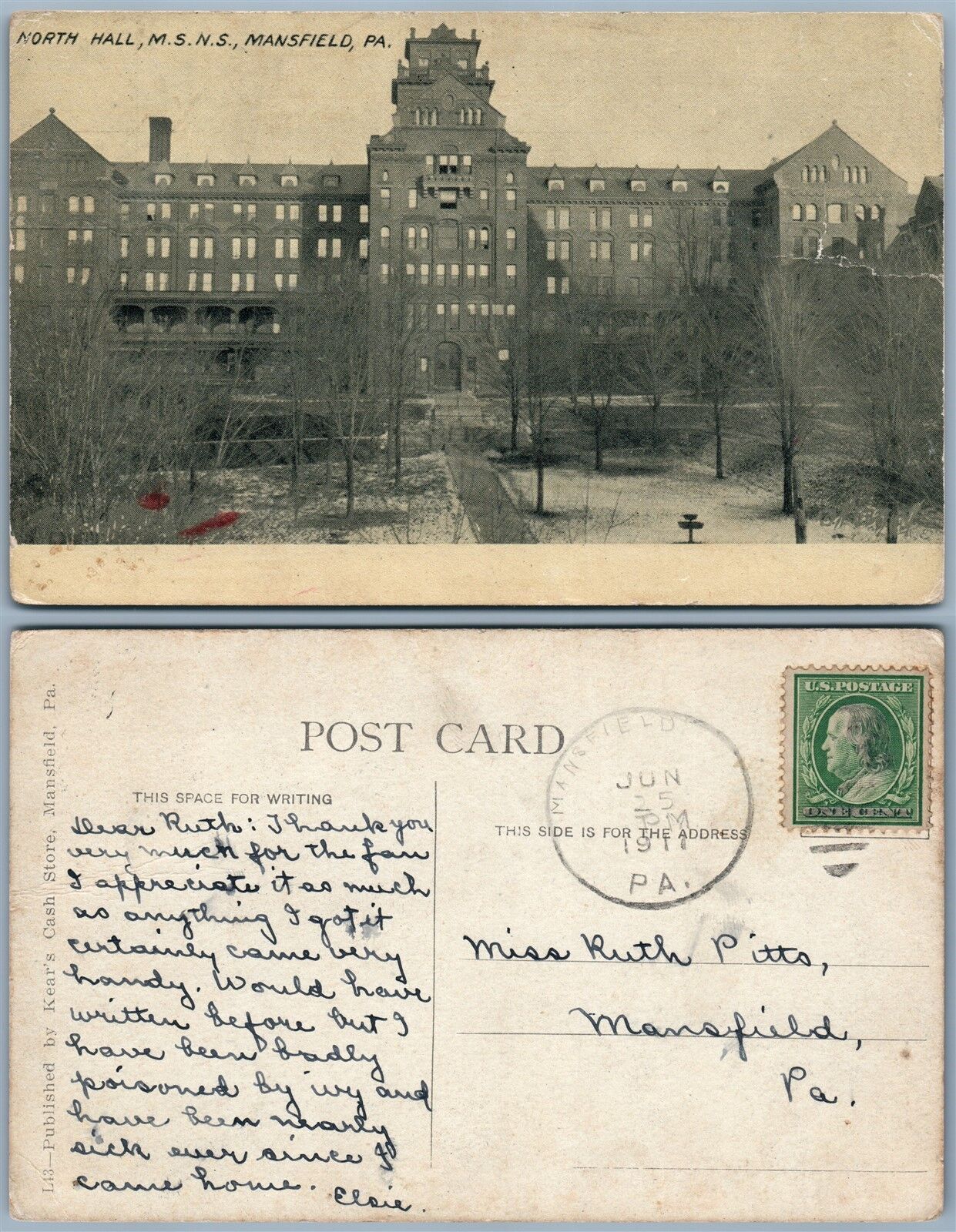 MANSFIELD PA NORTH HALL M.S.N.S. 1911 ANTIQUE POSTCARD w/ CORK CANCEL