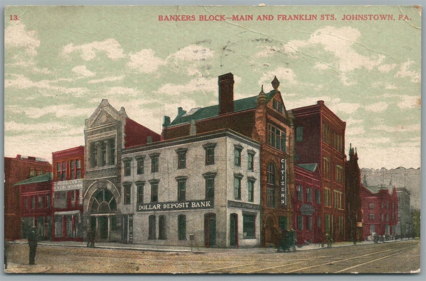 JOHNSTOWN PA BANKERS BLOCK MAIN & FRANKLIN STREETS ANTIQUE POSTCARD