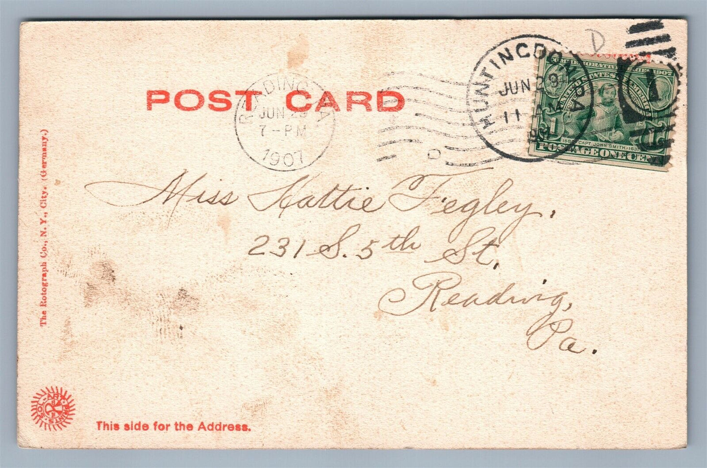 HINTINGDON PA PENN STREET ANTIQUE POSTCARD w/ CORK CANCEL