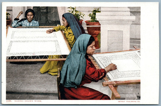 MAKING DRAWN WORK ANTIQUE UNDIVIDED POSTCARD AMERICAN INDIANS