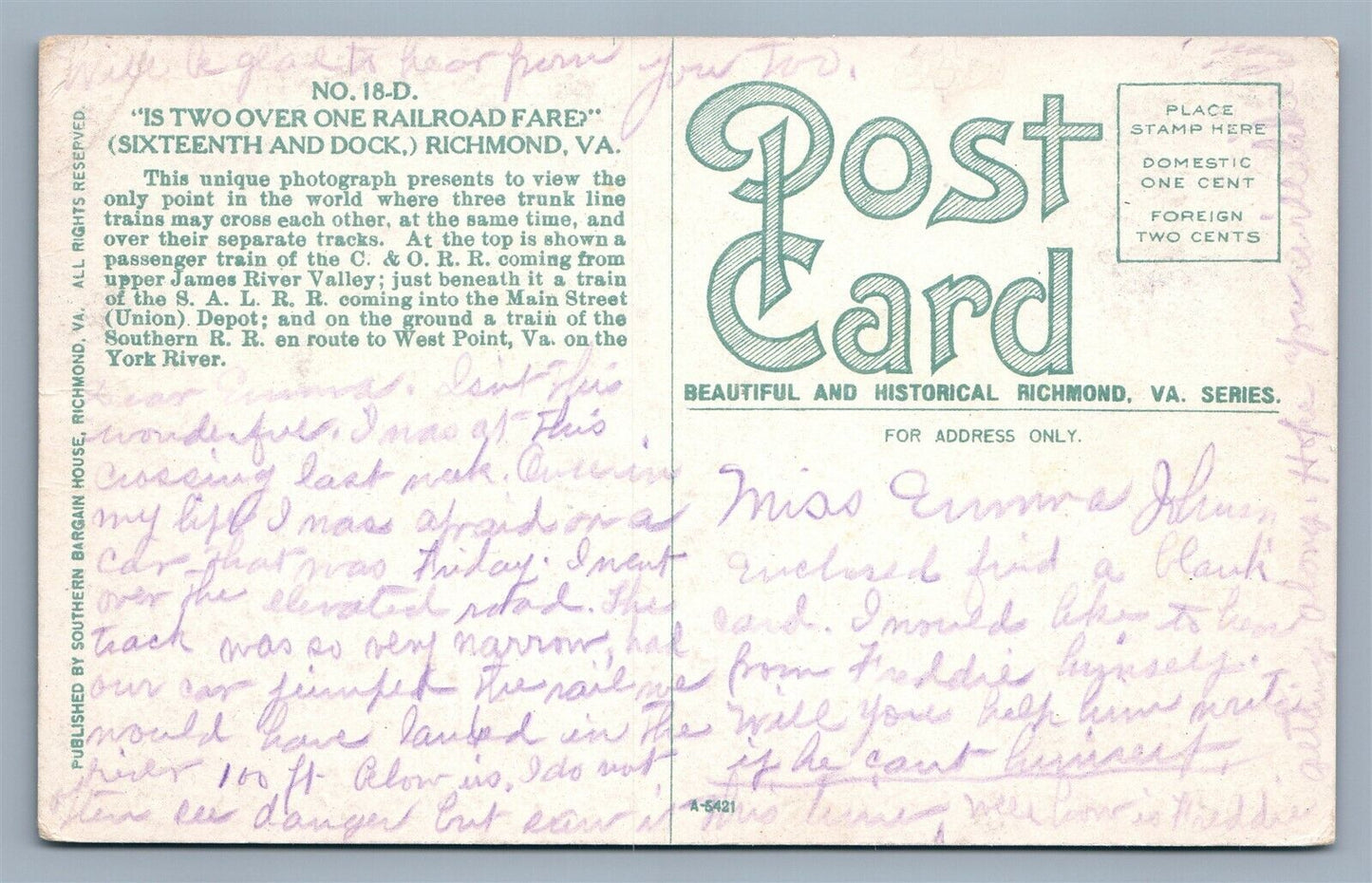 RICHMOND VA IS TWO OVER ONE RAILROAD FARE ANTIQUE POSTCARD