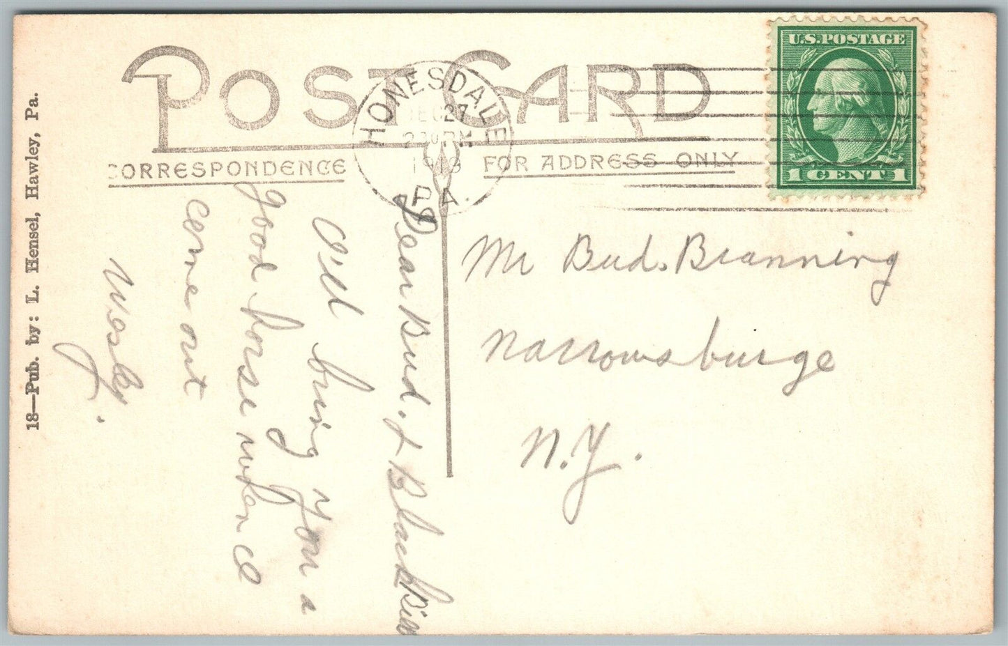 HONESDALE PA MAIN STREET BRIDGE 1919 ANTIQUE POSTCARD