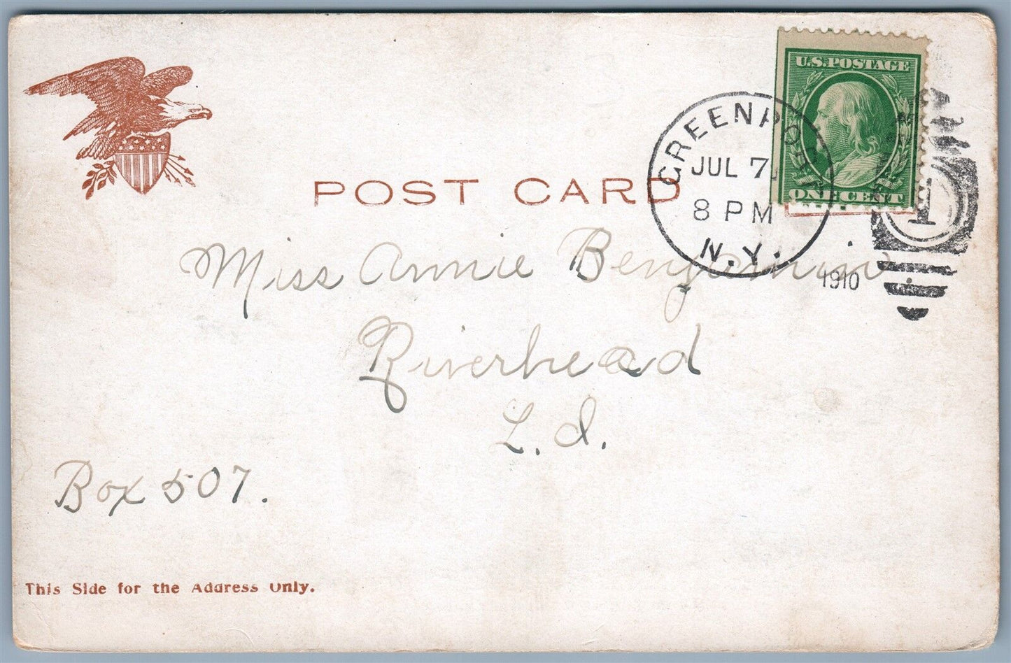 GREENPORT LONG ISLAND NY M.E.CHURCH UNDIVIDED 1910 ANTIQUE POSTCARD w/CORK STAMP