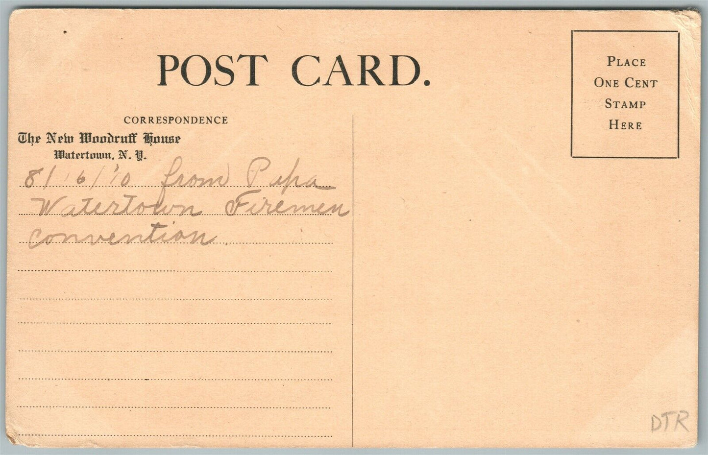 WATERTOWN N.Y. NEW WOODRUFF HOTEL L. JOHNSTON EXAGGERATED ANTIQUE 1910 POSTCARD