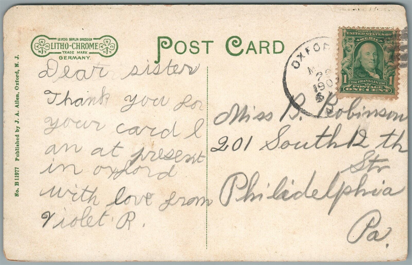 OXFORD NJ FOWLER HOUSE ANTIQUE POSTCARD