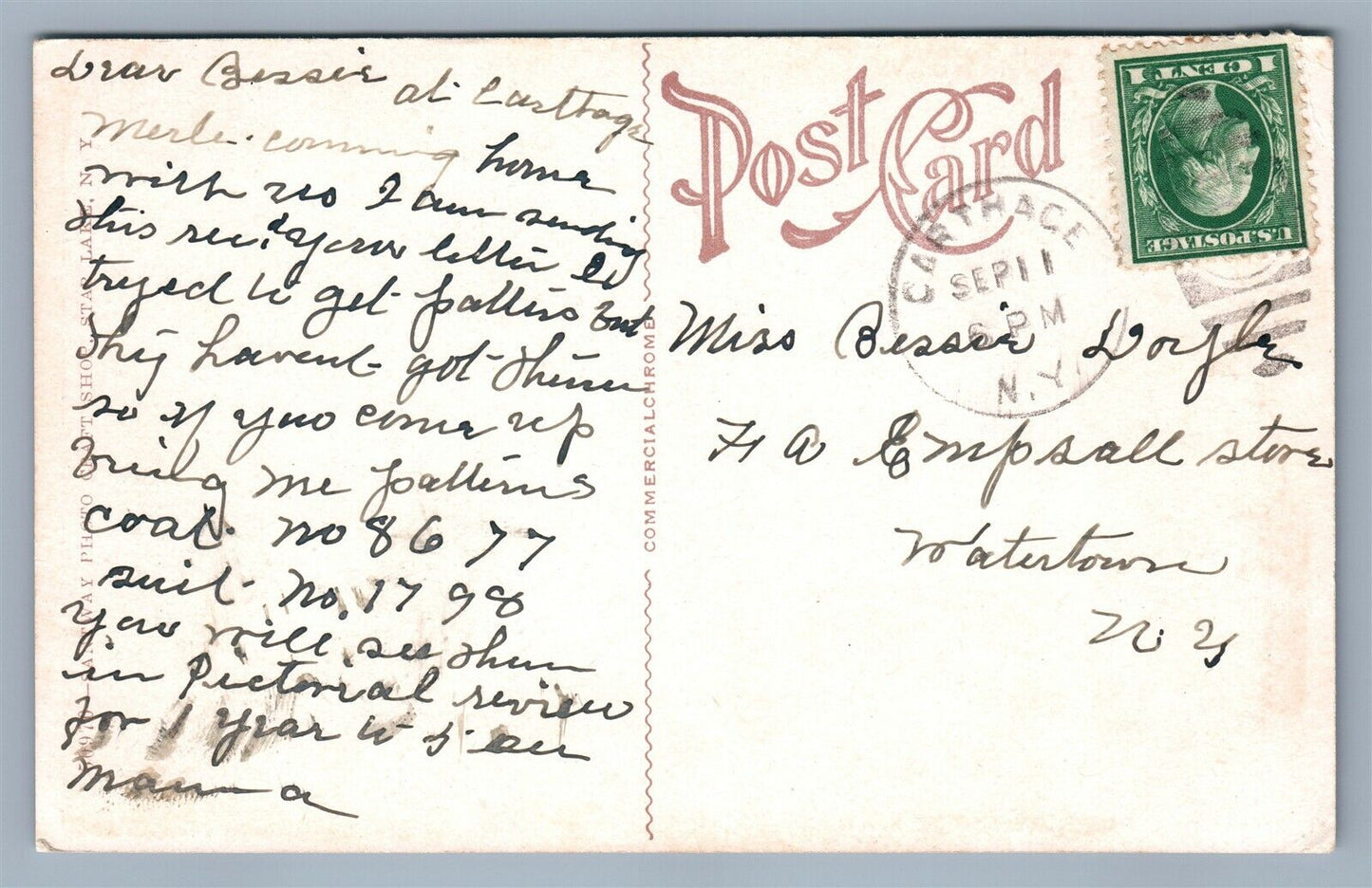 CARTHAGE NY LEVIS HOUSE ANTIQUE POSTCARD