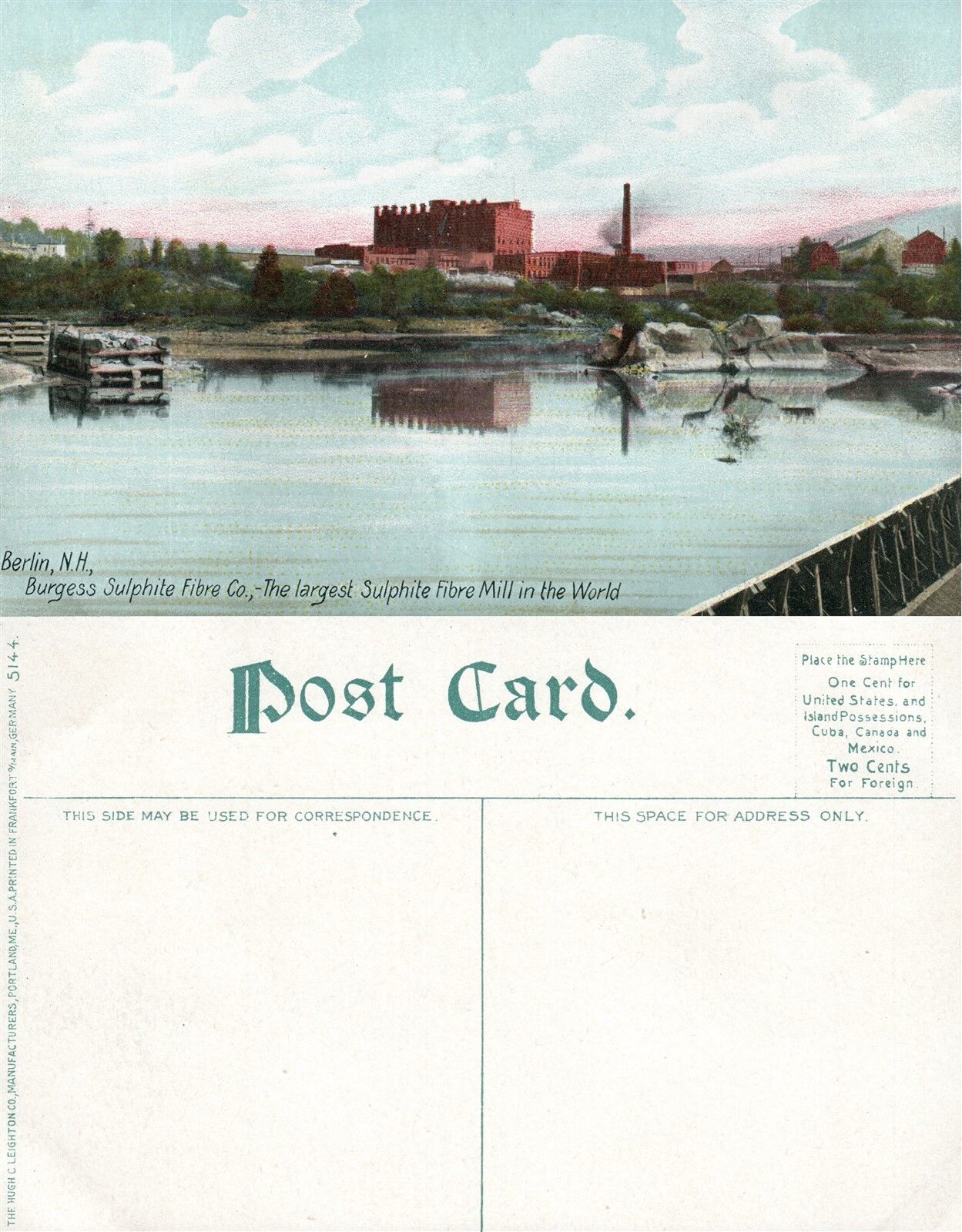 BERLIN N.H. BURGESS SULPHITE FIBRE CO. MILL ANTIQUE POSTCARD