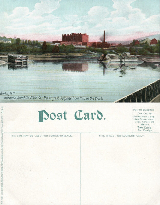 BERLIN N.H. BURGESS SULPHITE FIBRE CO. MILL ANTIQUE POSTCARD