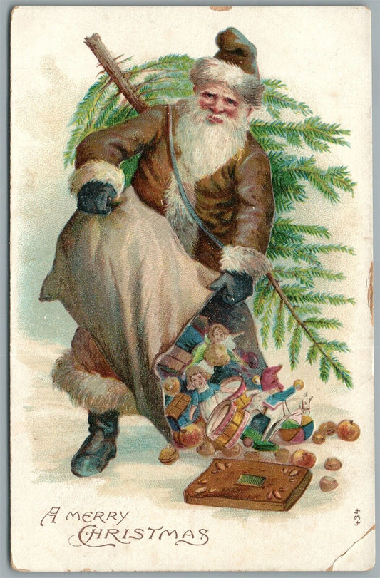 SANTA in BROWN ROBE w/ CHRISTMAS TREE EMBOSSED ANTIQUE POSTCARD