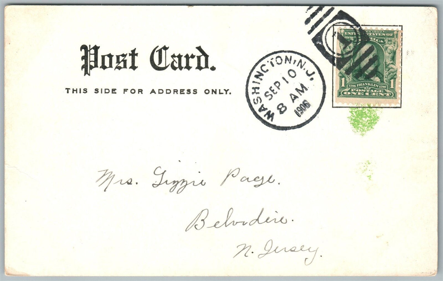 WASHINGTON NJ HOTEL WINDSOR 1906 UNDIVIDED ANTIQUE POSTCARD w/ CORK CANCEL