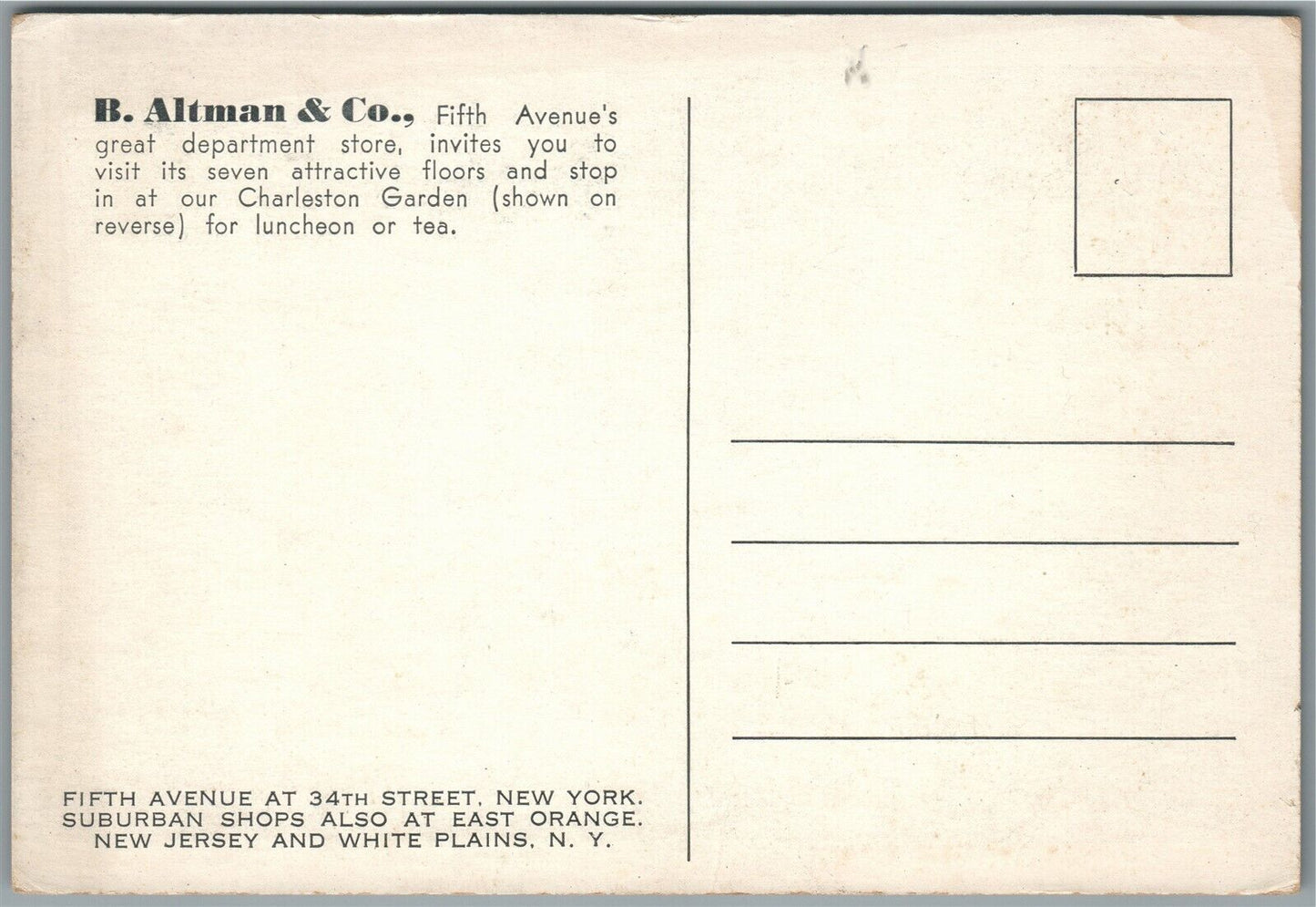 NEW YORK CITY NY FIFTH AVENUE DEPARTMENT STORE B.ALTMAN & CO. VINTAGE POSTCARD