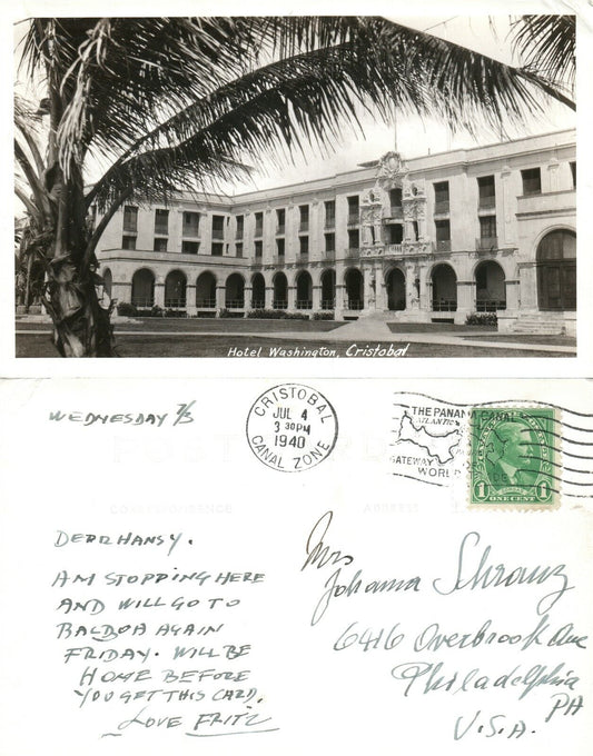 PANAMA CRISTOBAL HOTEL WASHINGTON 1940 VINTAGE REAL PHOTO POSTCARD RPPC
