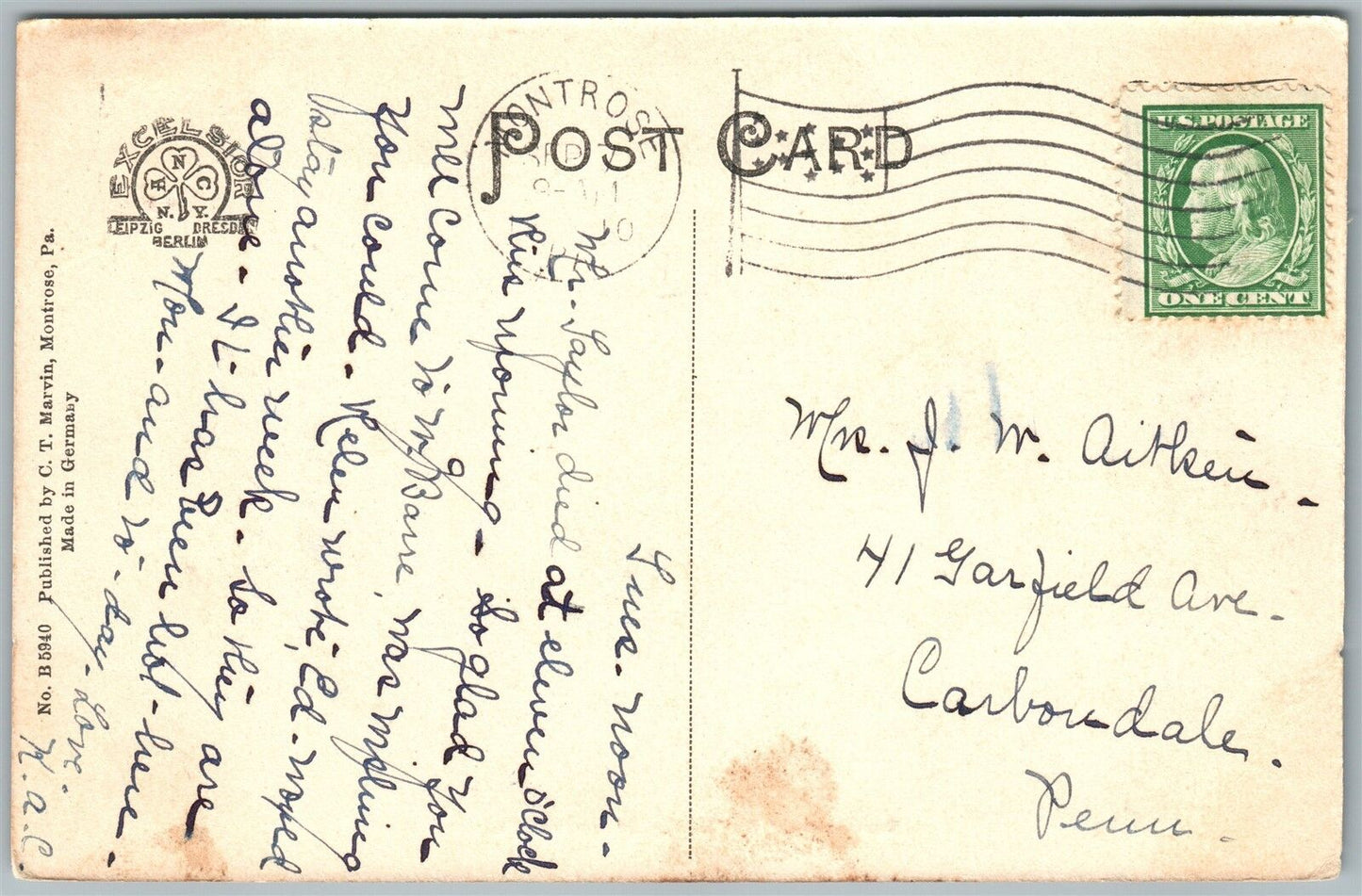 MONTROSE PA RESIDENCE OF DR. TORREY 1910 ANTIQUE POSTCARD