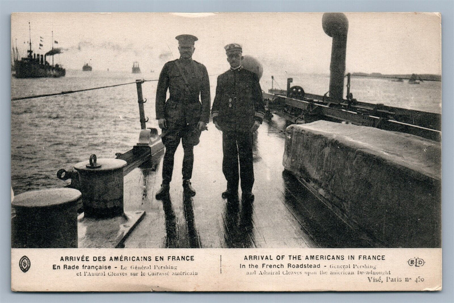 AMERICANS in FRANCE GENERAL PERSHING & ADMIRAL CLEAVES WWI ANTIQUE POSTCARD