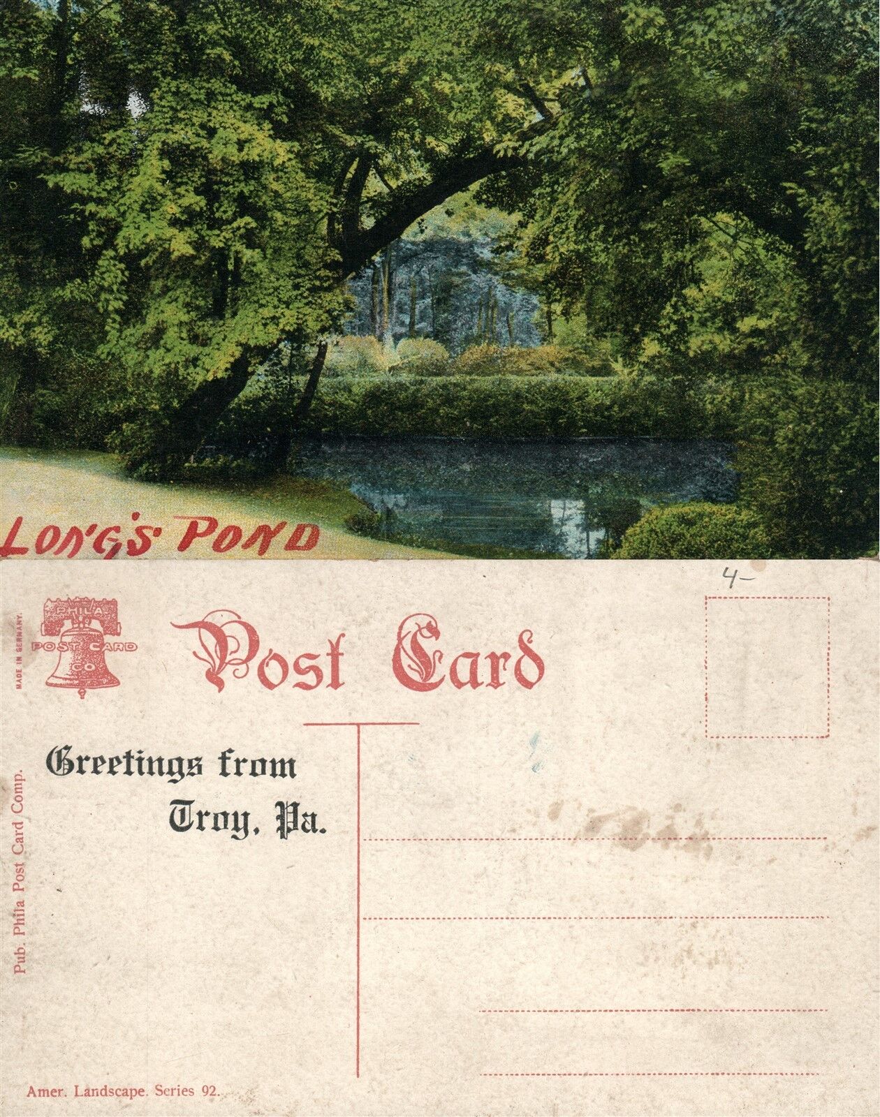 TROY PA LONG'S POND ANTIQUE POSTCARD