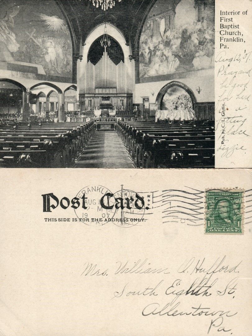 FRANKLIN PA INTERIOR OF FIRST BAPTIST CHURCH 1907 UNDIVIDED ANTIQUE POSTCARD