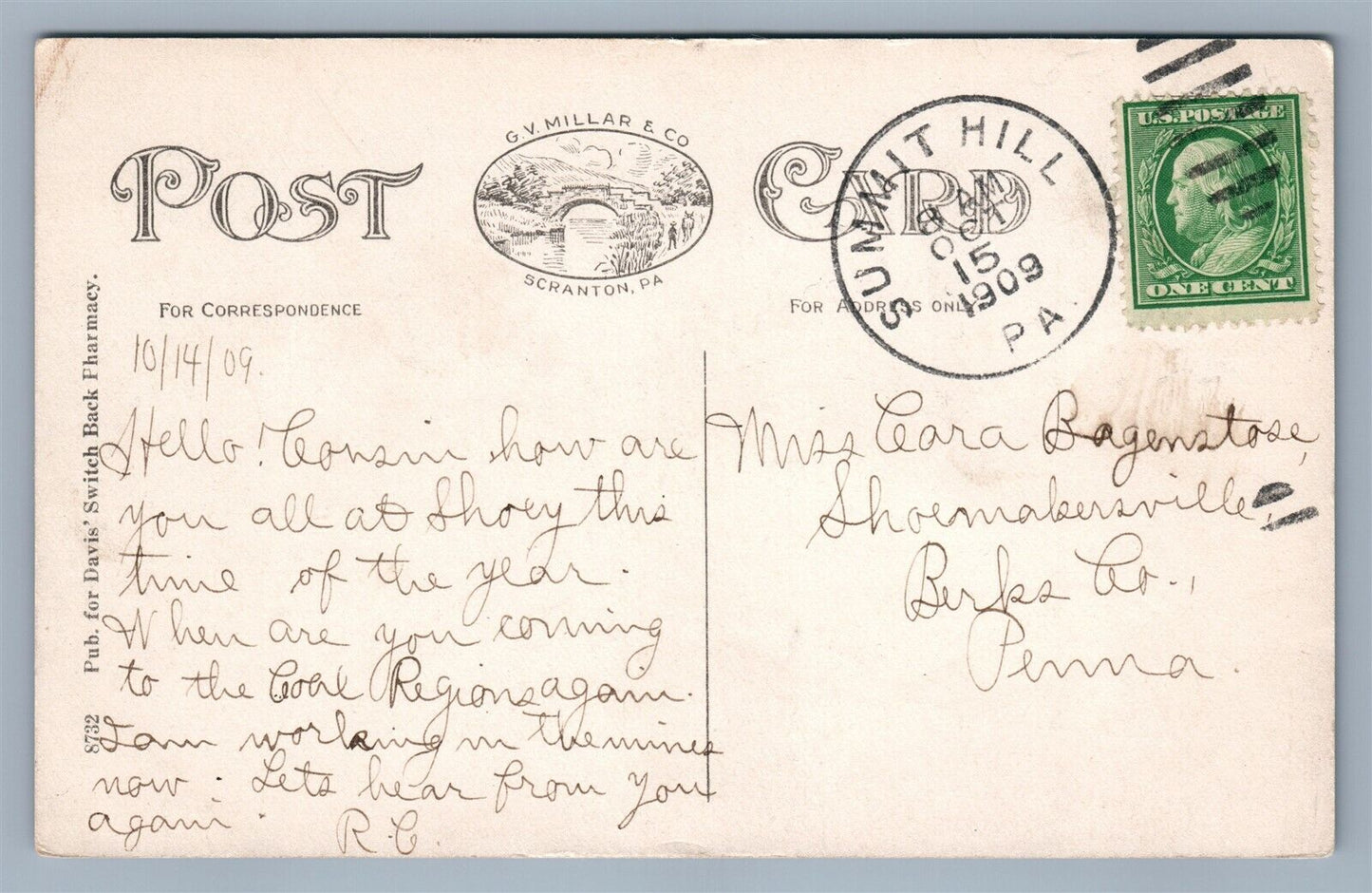 SUMMIT HILL PA ST.PAUL'S REFORMED CHURCH ANTIQUE POSTCARD