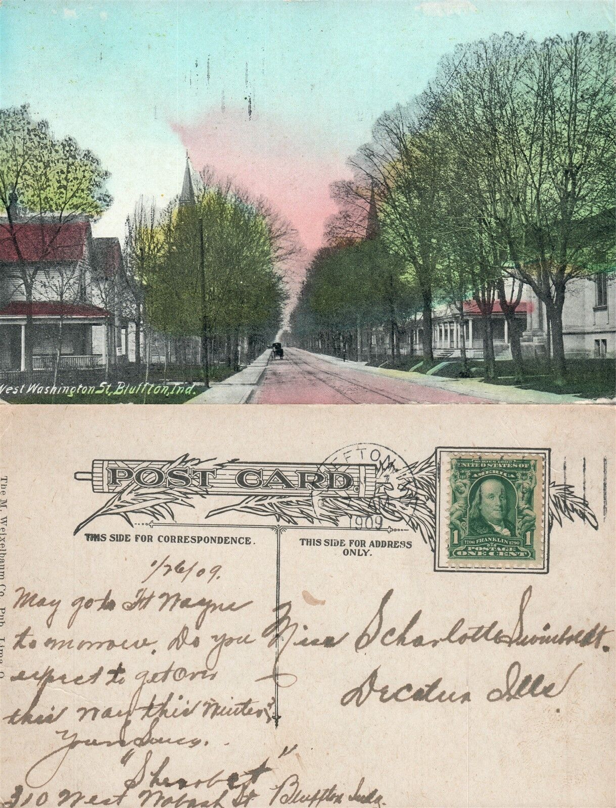 BLUFFTON IN W.WASHINGTON STREET 1909 ANTIQUE POSTCARD